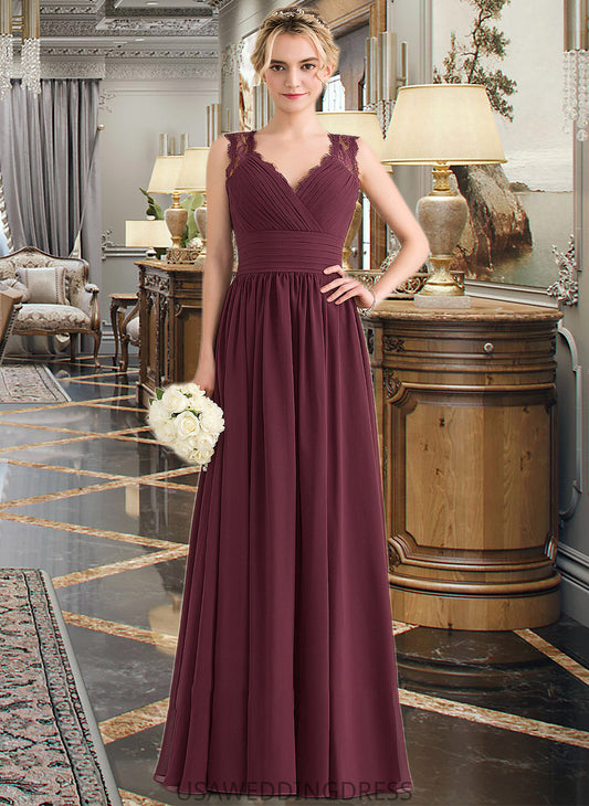 Rosalie A-Line V-neck Floor-Length Chiffon Lace Bridesmaid Dress With Ruffle Bow(s) DSP0013191