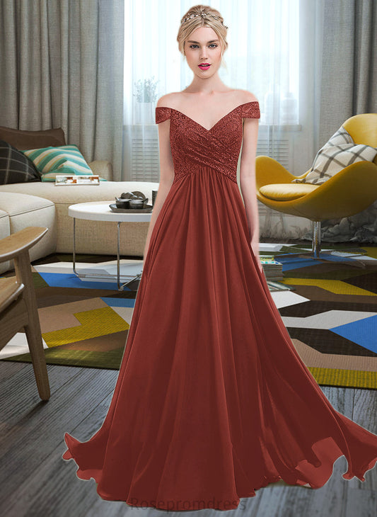 Isabell A-Line Off-the-Shoulder Floor-Length Chiffon Lace Bridesmaid Dress With Ruffle SRSP0013193