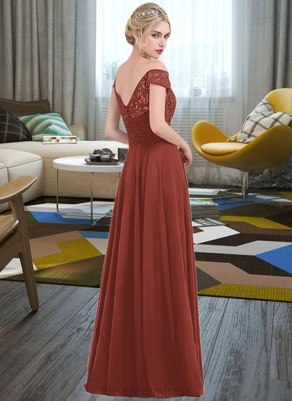 Isabell A-Line Off-the-Shoulder Floor-Length Chiffon Lace Bridesmaid Dress With Ruffle SRSP0013193