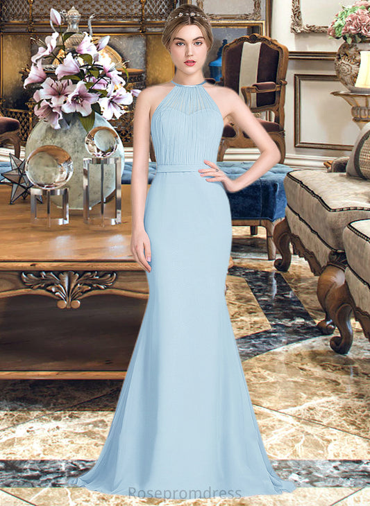Valentina Trumpet/Mermaid Scoop Neck Sweep Train Chiffon Tulle Bridesmaid Dress With Ruffle SRSP0013194