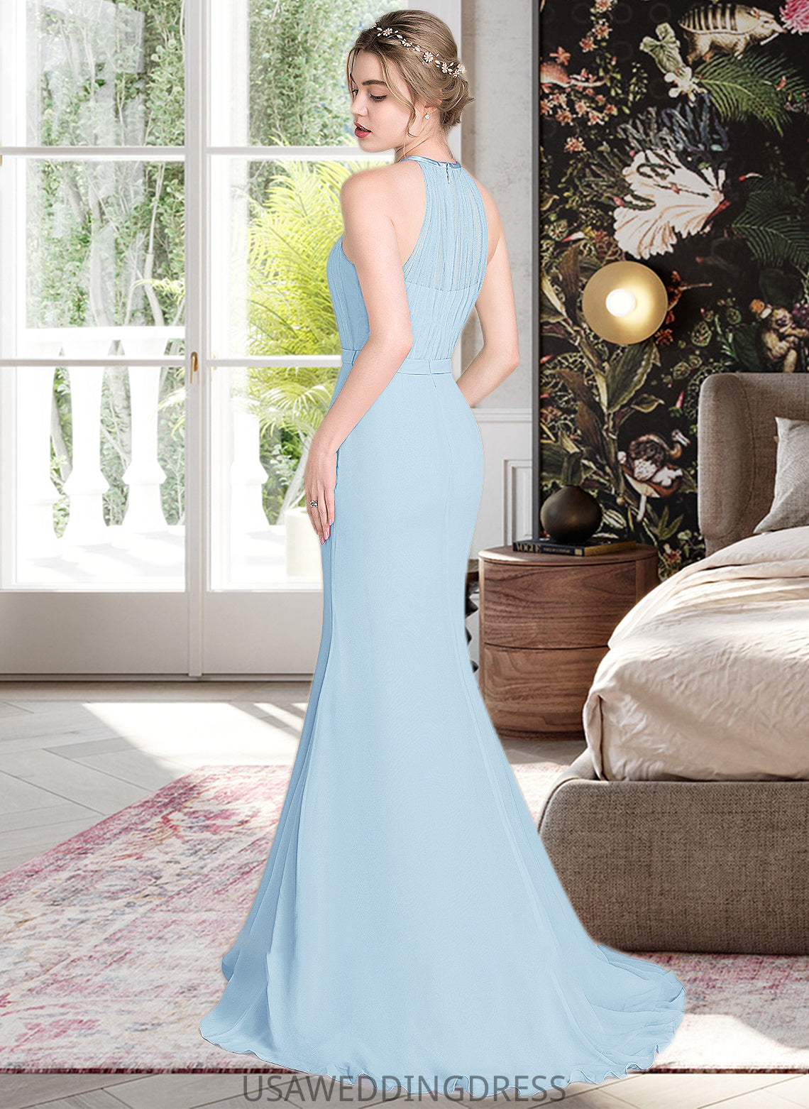 Lauren Trumpet/Mermaid Scoop Neck Sweep Train Chiffon Tulle Bridesmaid Dress With Ruffle DSP0013194
