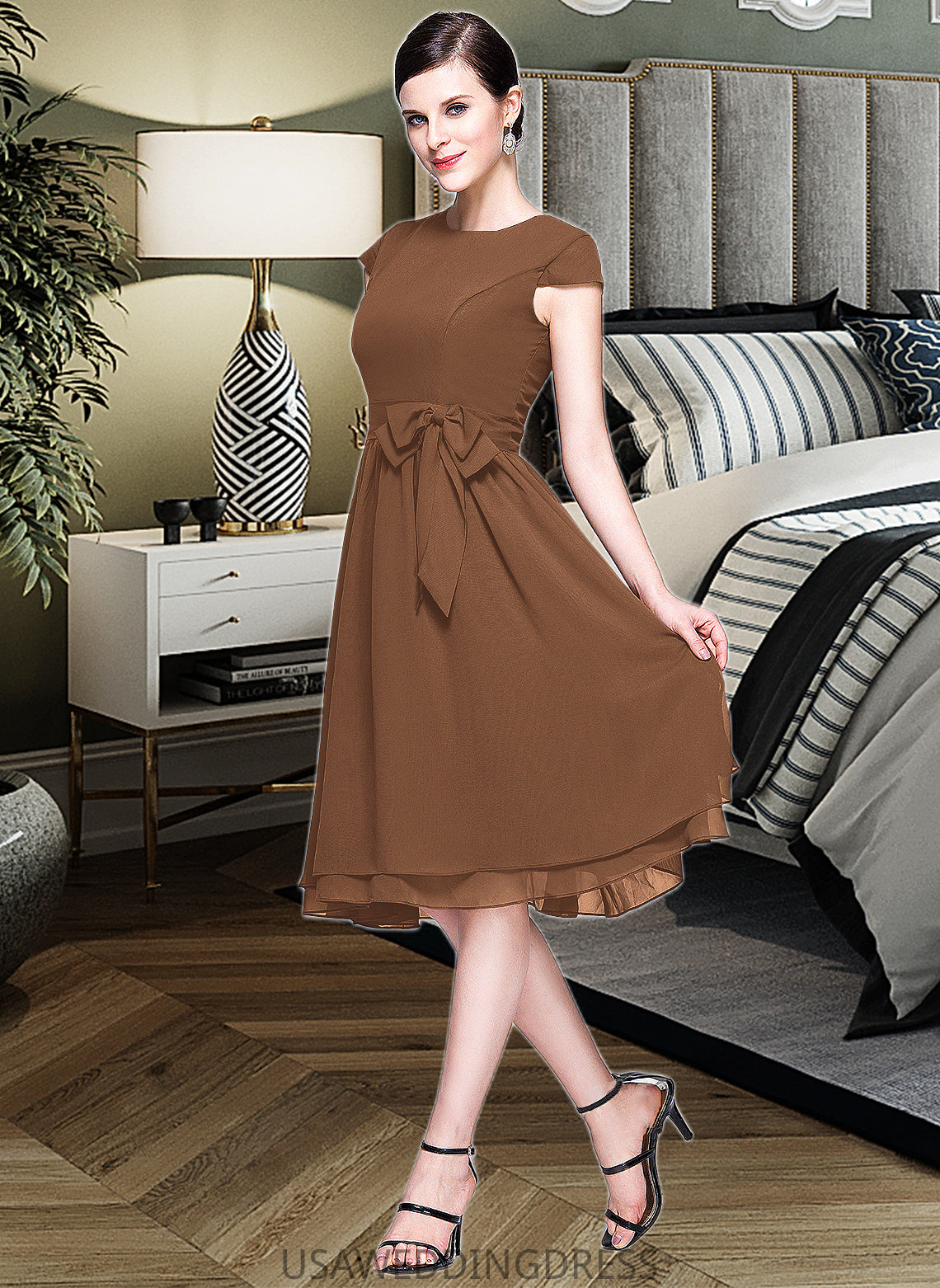 Kiersten Chiffon Knee-length Bridesmaid Dress with Cap Sleeves And Sashes DSP0013195