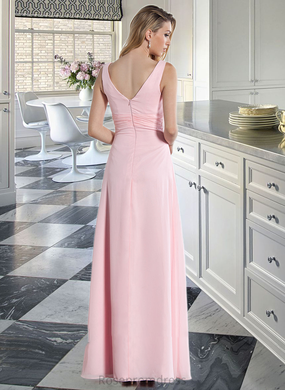 Bella Empire V-Neck Floor-Length Chiffon Bridesmaid Dress With Ruffle SRSP0013196