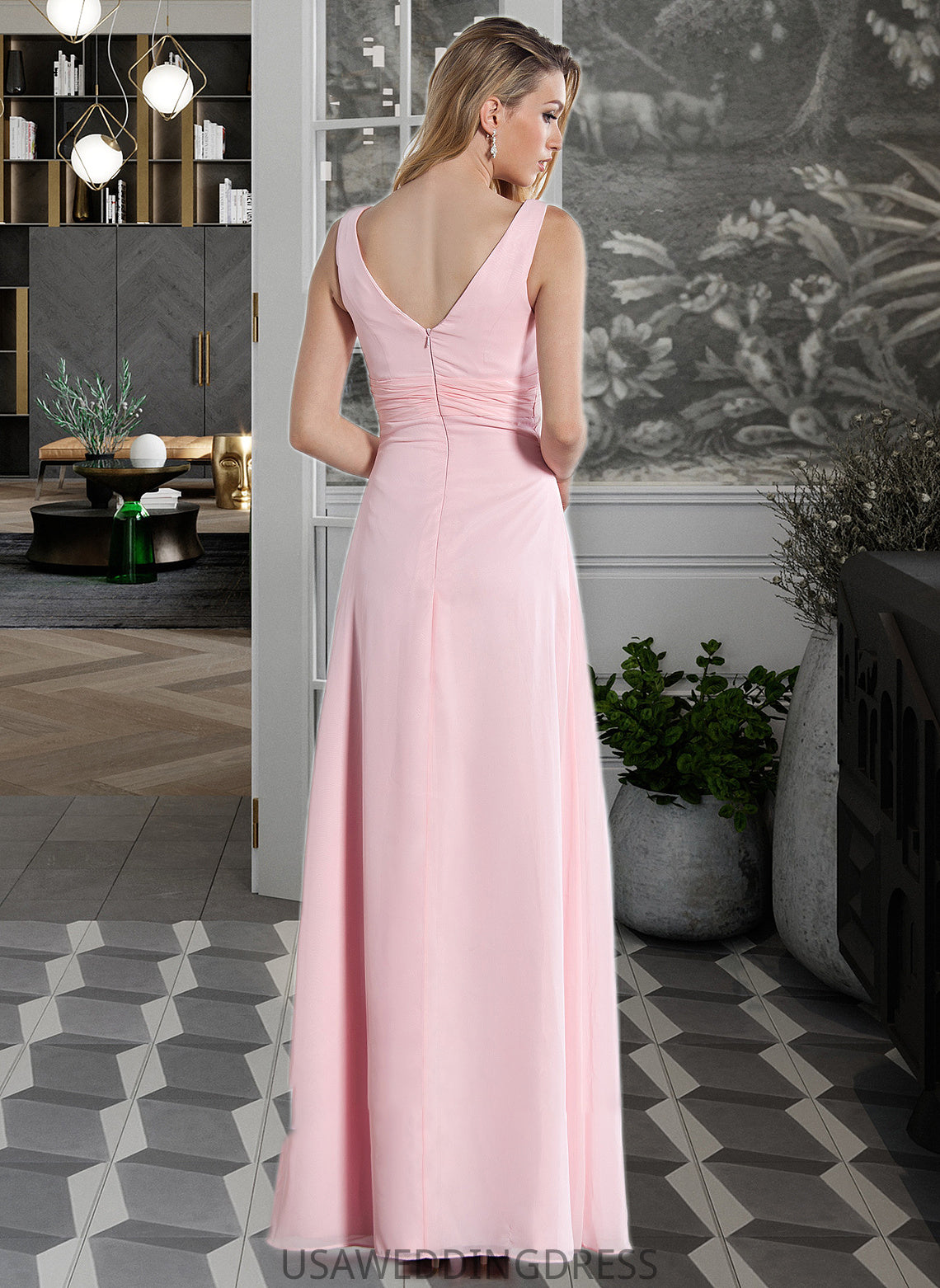 Harper Empire V-Neck Floor-Length Chiffon Bridesmaid Dress With Ruffle DSP0013196