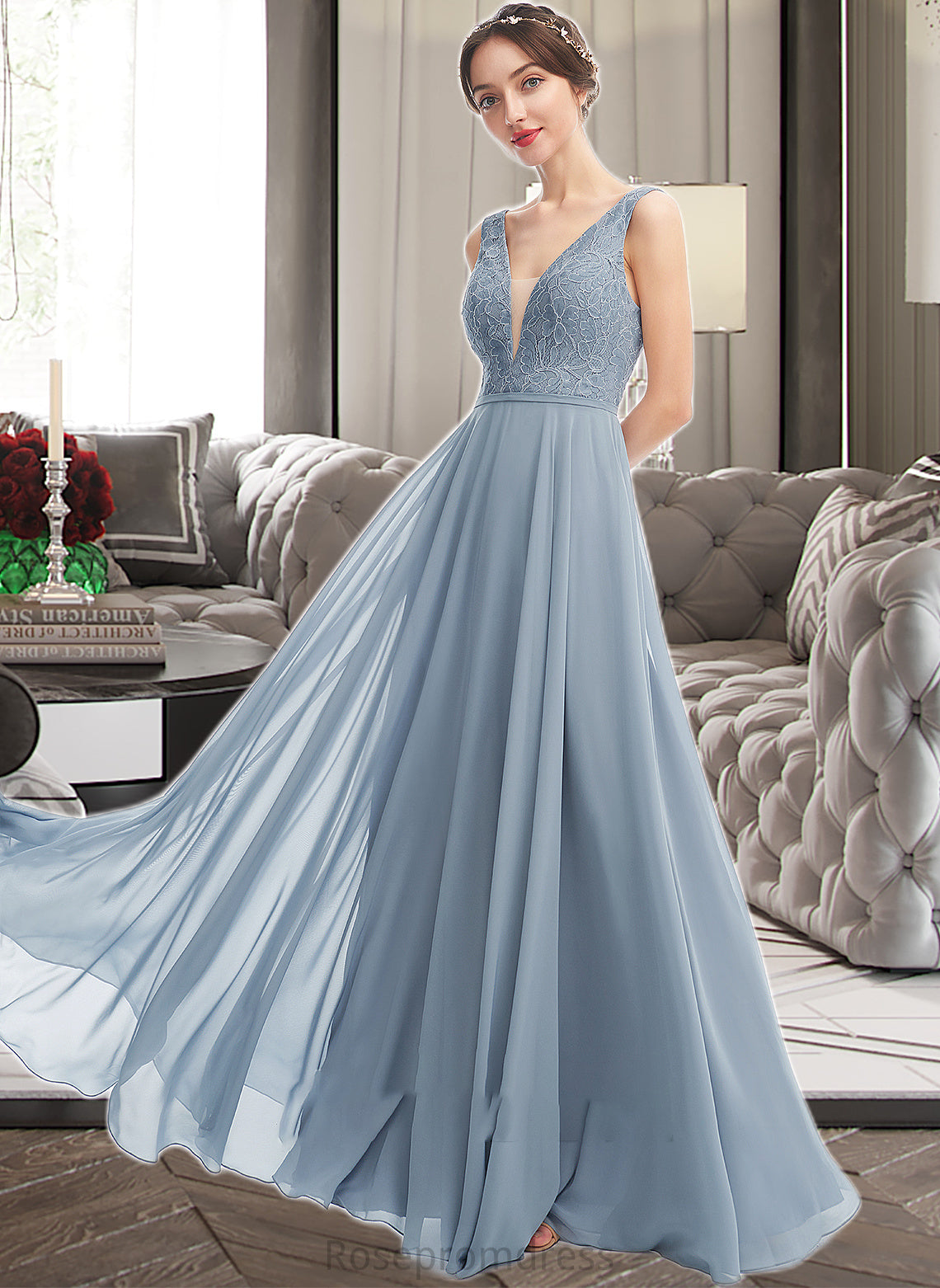 Princess A-Line V-neck Floor-Length Bridesmaid Dress SRSP0013199