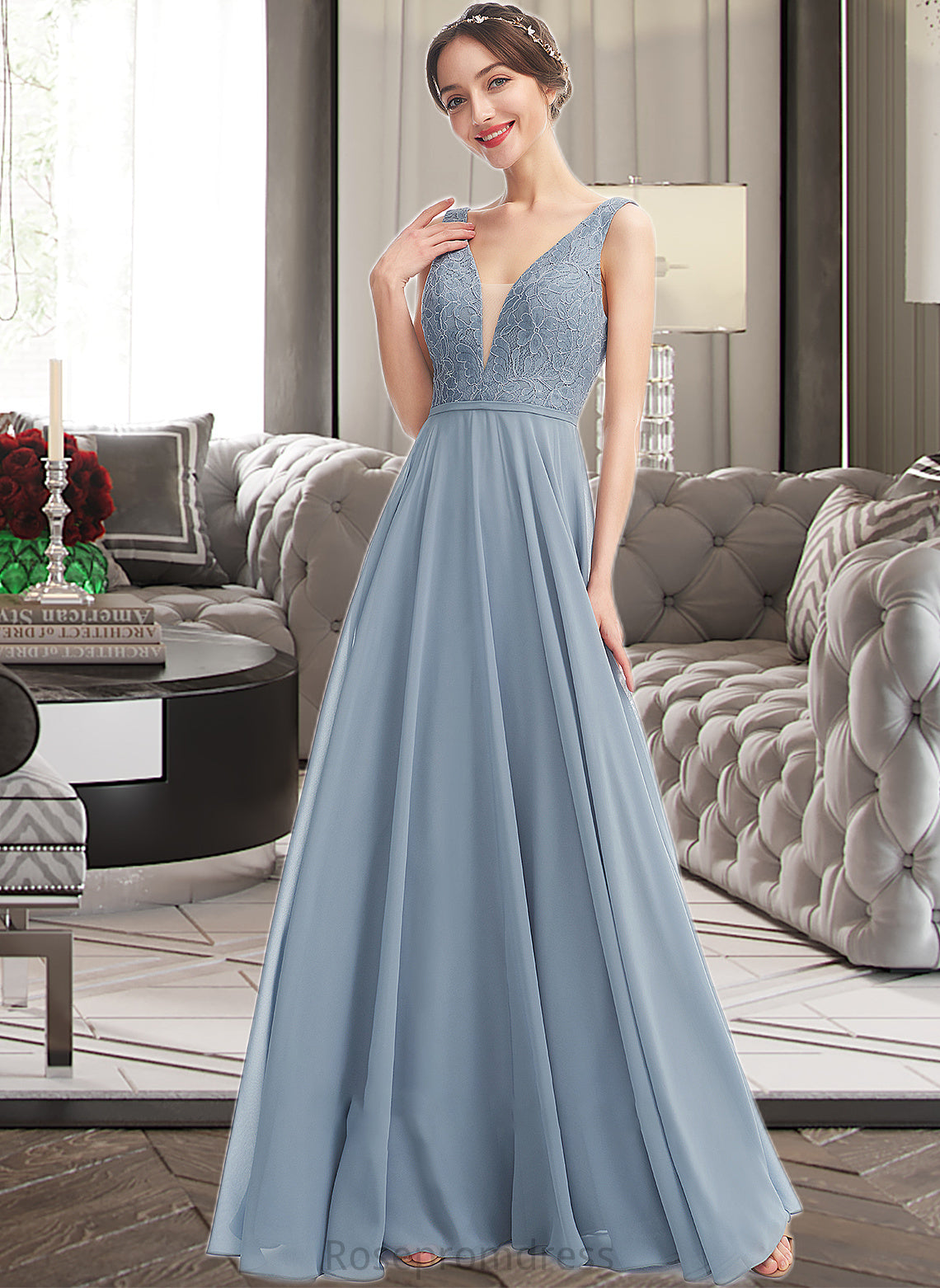 Princess A-Line V-neck Floor-Length Bridesmaid Dress SRSP0013199