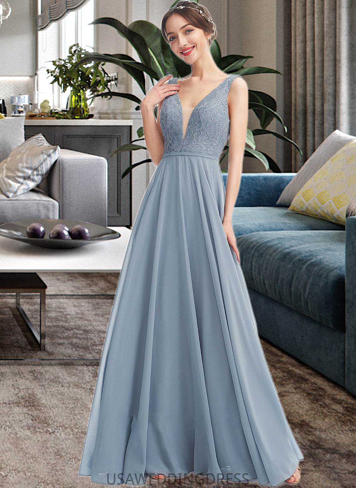 Alice A-Line V-neck Floor-Length Bridesmaid Dress DSP0013199