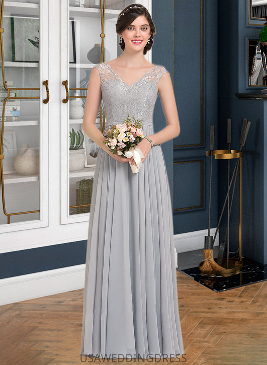 Hayley A-Line V-neck Floor-Length Chiffon Lace Bridesmaid Dress With Bow(s) DSP0013203