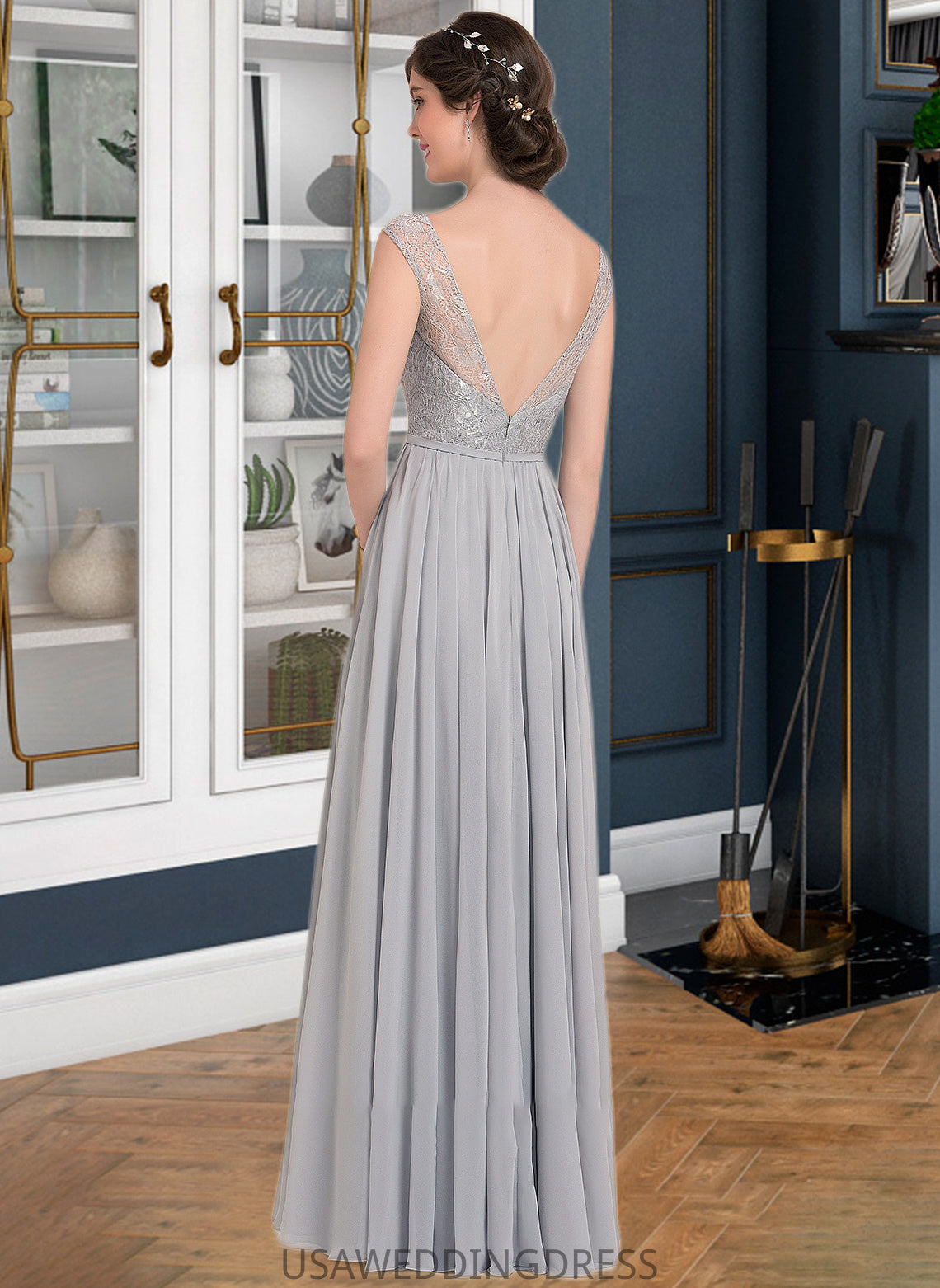 Hayley A-Line V-neck Floor-Length Chiffon Lace Bridesmaid Dress With Bow(s) DSP0013203