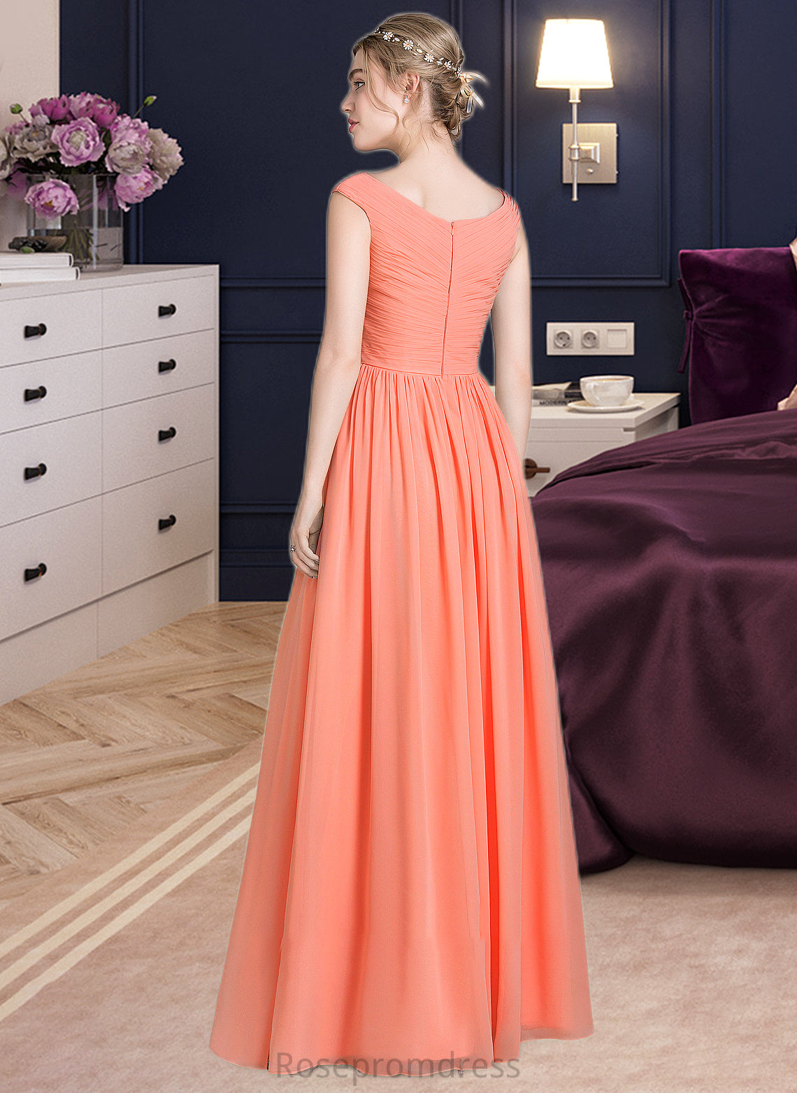 Charlie Ball-Gown/Princess V-neck Floor-Length Chiffon Bridesmaid Dress With Ruffle SRSP0013204
