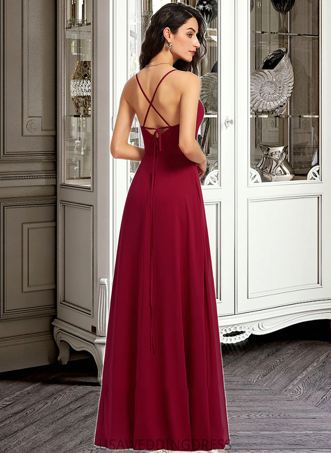 Iliana A-Line V-neck Floor-Length Bridesmaid Dress With Ruffle DSP0013206