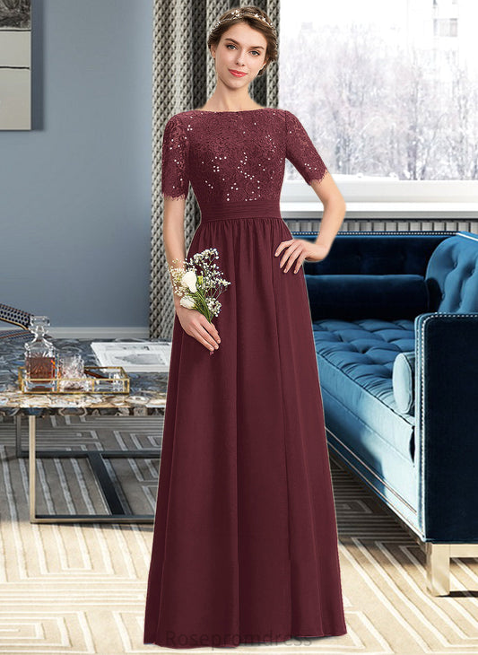 Claudia A-Line Scoop Neck Floor-Length Chiffon Lace Bridesmaid Dress With Sequins SRSP0013207