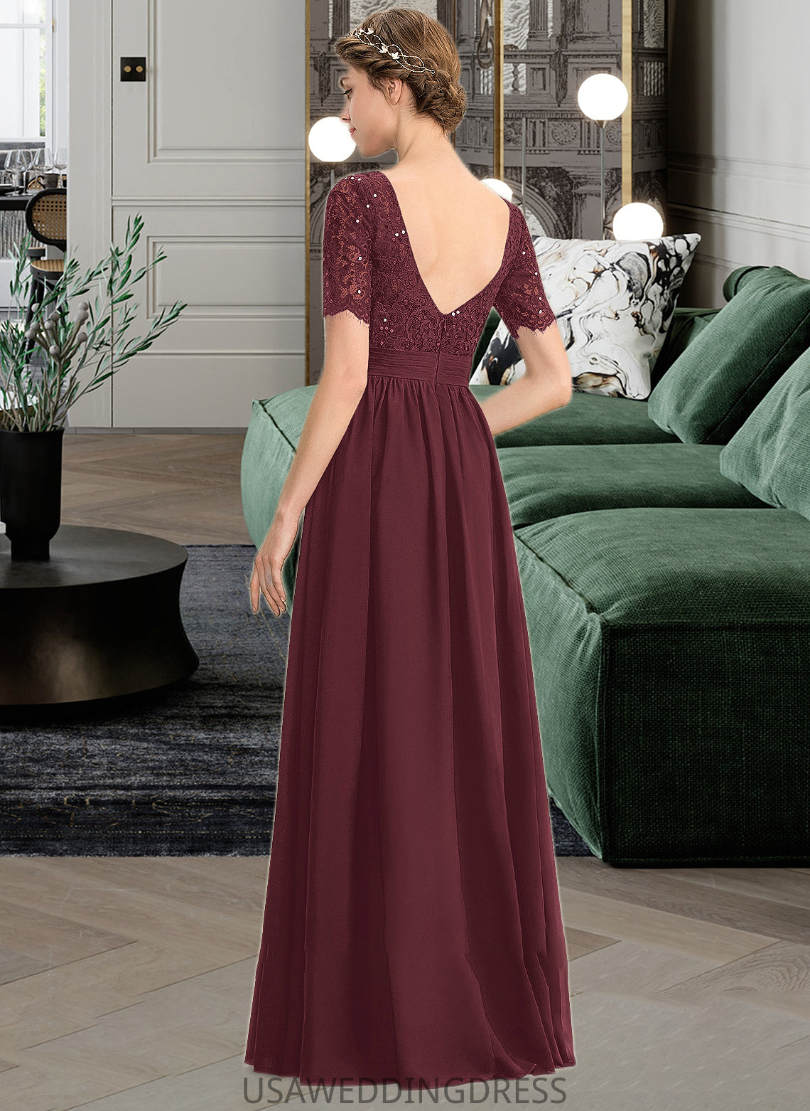 Ximena A-Line Scoop Neck Floor-Length Chiffon Lace Bridesmaid Dress With Sequins DSP0013207