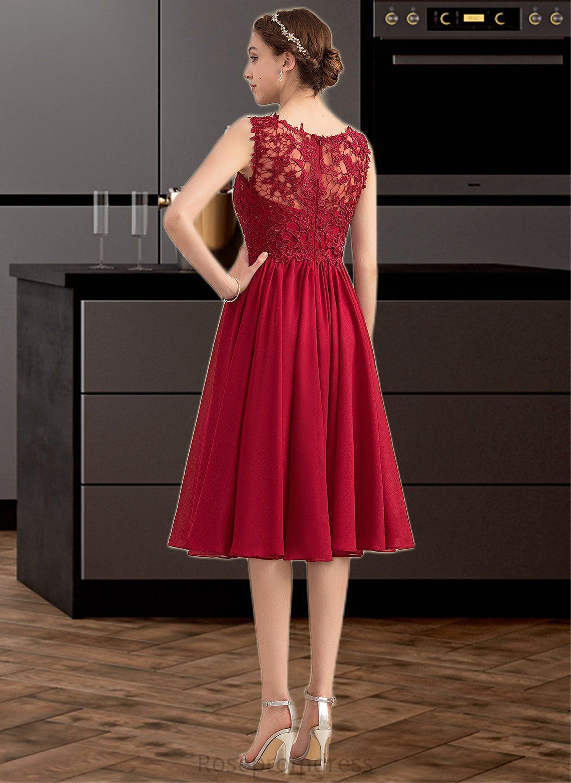 Belinda A-Line Scoop Neck Knee-Length Chiffon Lace Bridesmaid Dress With Beading Sequins SRSP0013208