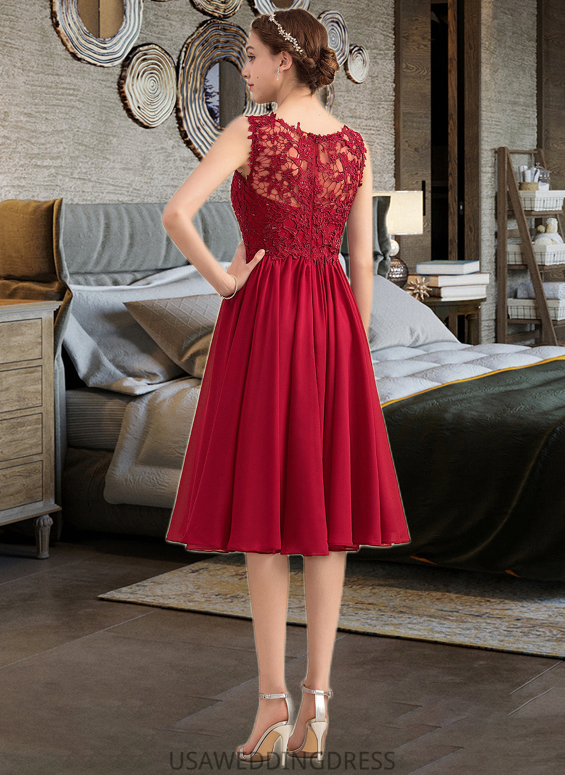 Jess A-Line Scoop Neck Knee-Length Chiffon Lace Bridesmaid Dress With Beading Sequins DSP0013208