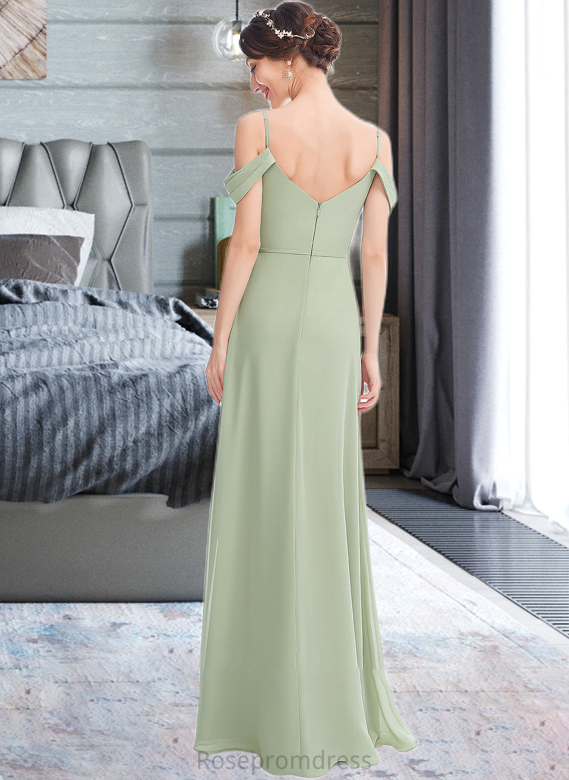 Vera A-Line V-neck Floor-Length Bridesmaid Dress With Ruffle Split Front SRSP0013213
