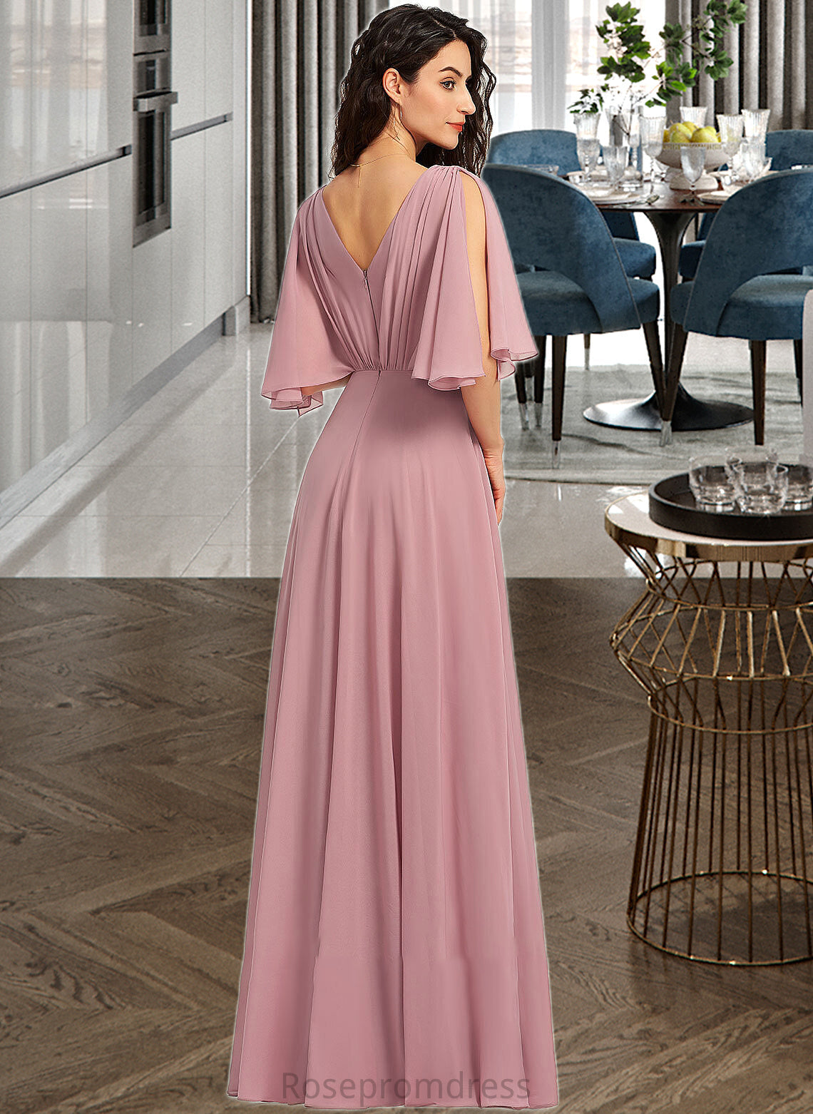 Janet A-Line V-neck Floor-Length Bridesmaid Dress With Ruffle SRSP0013214