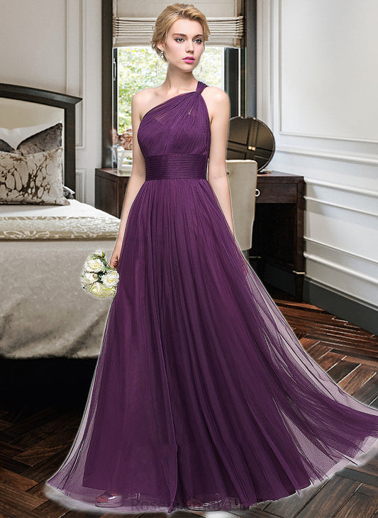 Tina A-Line One-Shoulder Floor-Length Tulle Bridesmaid Dress With Ruffle SRSP0013216