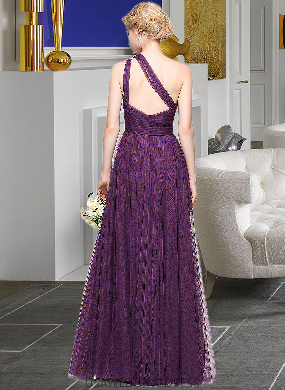 Maisie A-Line One-Shoulder Floor-Length Tulle Bridesmaid Dress With Ruffle DSP0013216