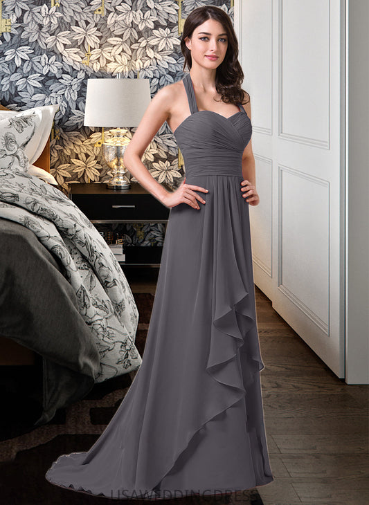 Margery A-Line Halter Sweep Train Chiffon Bridesmaid Dress With Bow(s) Cascading Ruffles DSP0013217