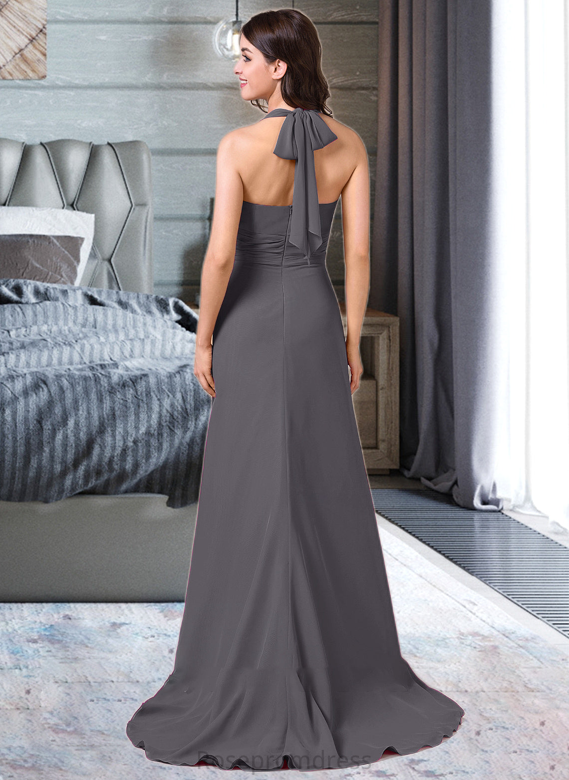 Shyann A-Line Halter Sweep Train Chiffon Bridesmaid Dress With Bow(s) Cascading Ruffles SRSP0013217