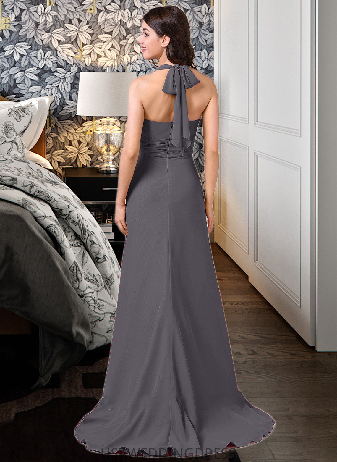 Margery A-Line Halter Sweep Train Chiffon Bridesmaid Dress With Bow(s) Cascading Ruffles DSP0013217