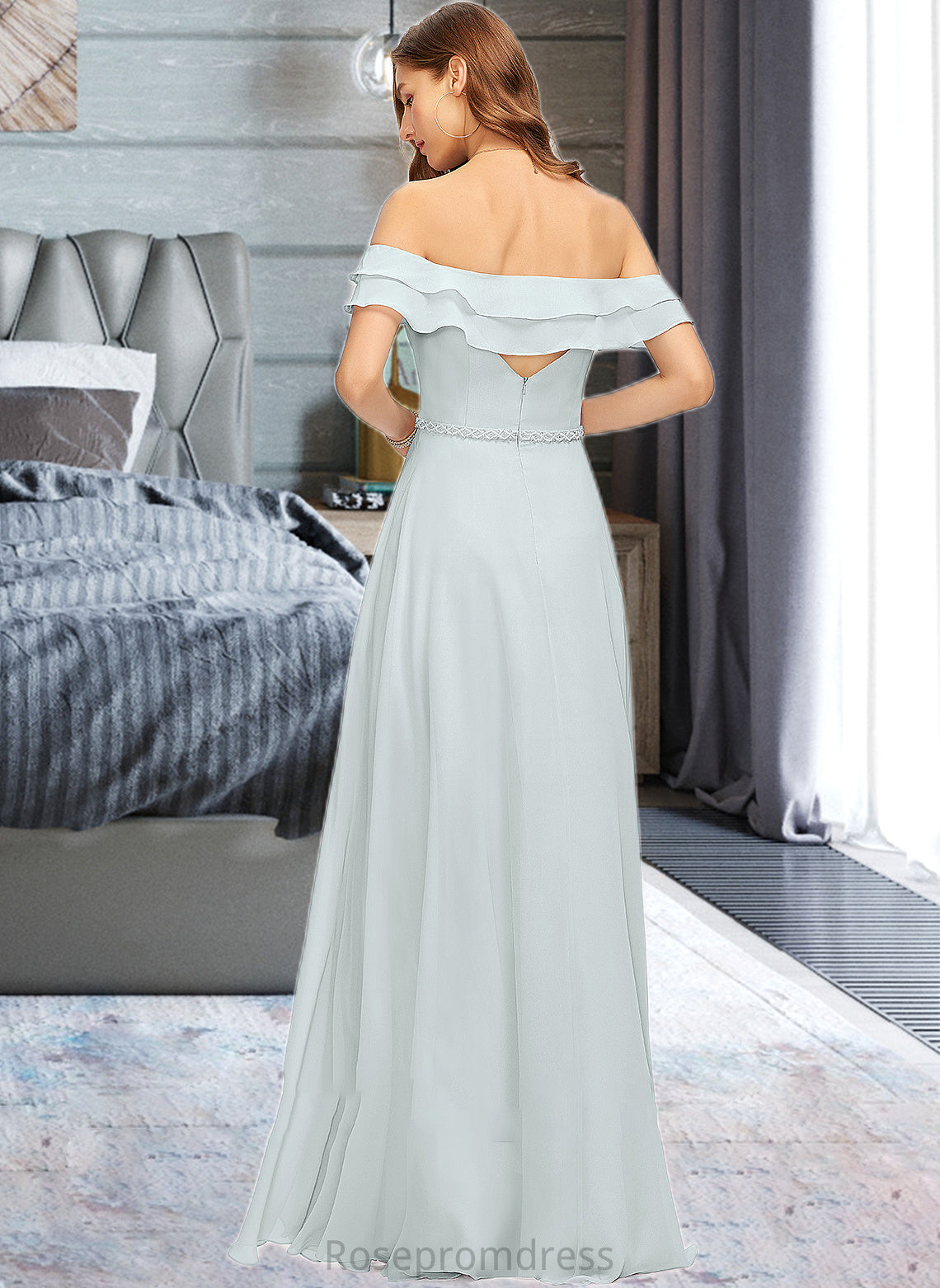 Rory A-Line Off-the-Shoulder Floor-Length Chiffon Bridesmaid Dress With Beading Split Front Cascading Ruffles SRSP0013226
