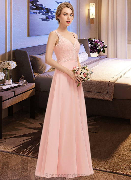 Katrina A-Line V-neck Floor-Length Chiffon Lace Bridesmaid Dress SRSP0013227