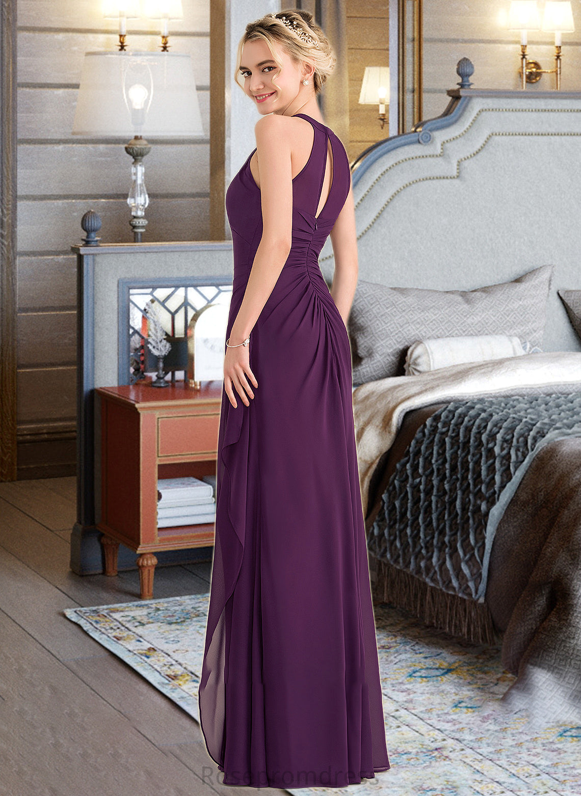 Maci A-Line Scoop Neck Floor-Length Chiffon Bridesmaid Dress With Cascading Ruffles SRSP0013228