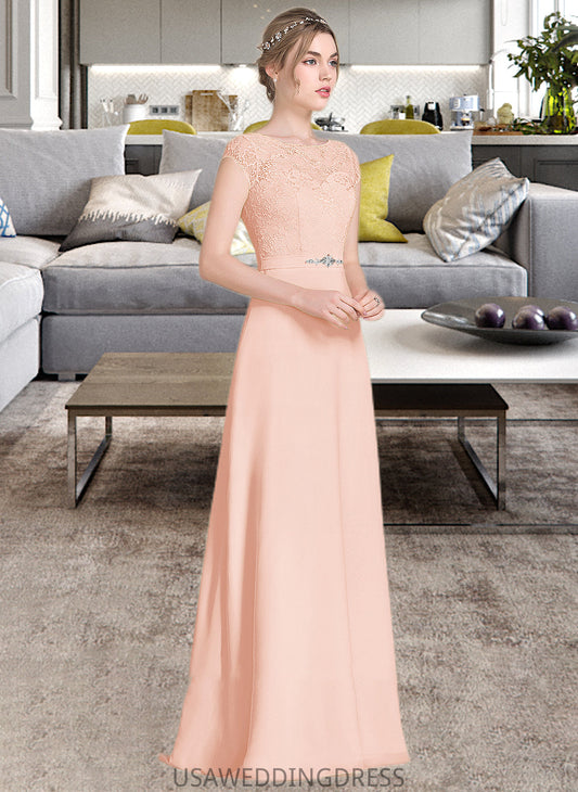 Belen A-Line Scoop Neck Floor-Length Chiffon Lace Bridesmaid Dress With Beading Bow(s) DSP0013229