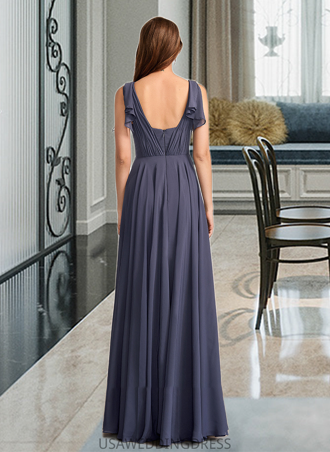 Caylee A-Line V-neck Floor-Length Bridesmaid Dress With Ruffle DSP0013230