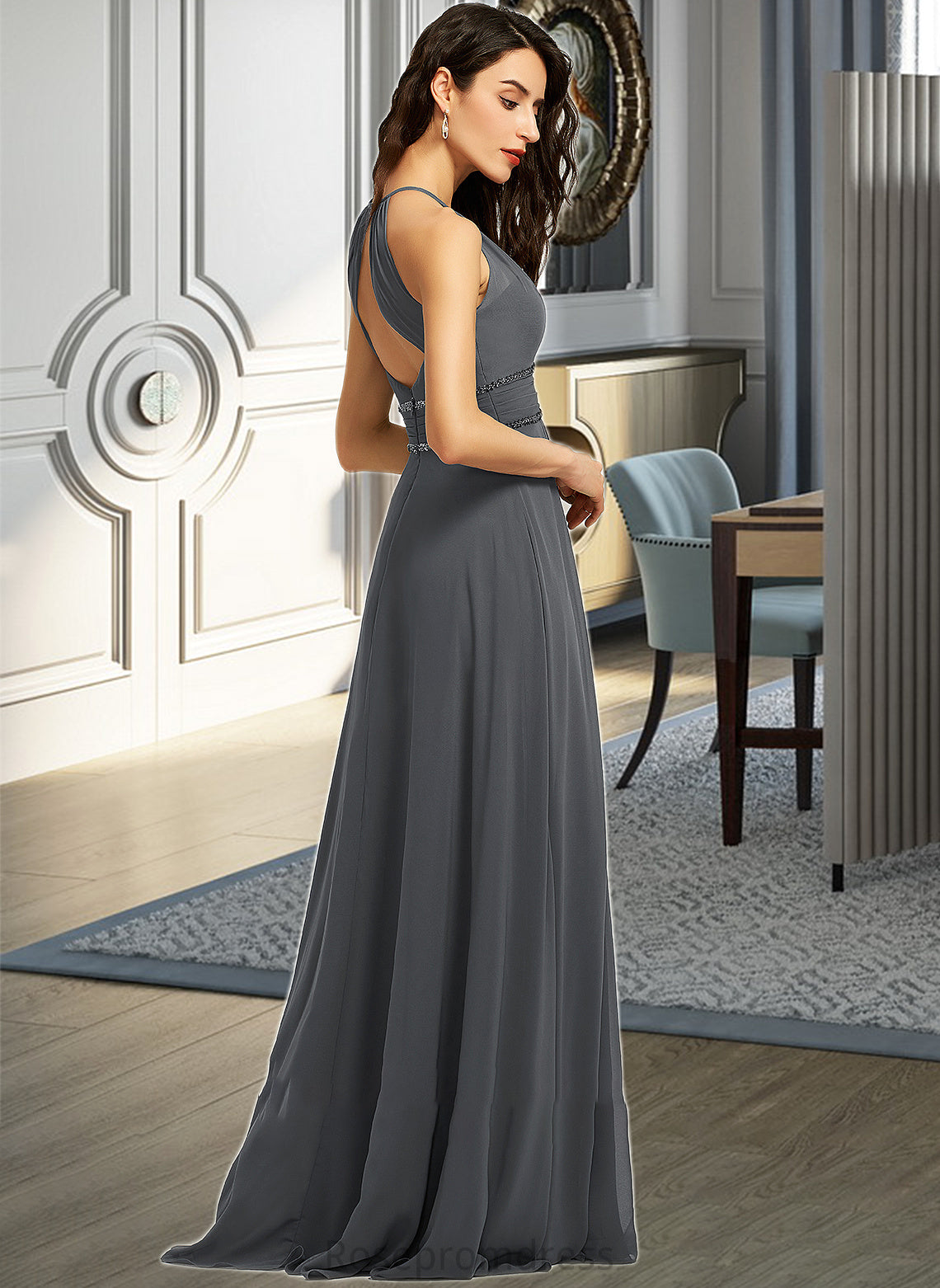 Eden A-Line Halter Floor-Length Chiffon Bridesmaid Dress With Ruffle Beading Sequins SRSP0013232