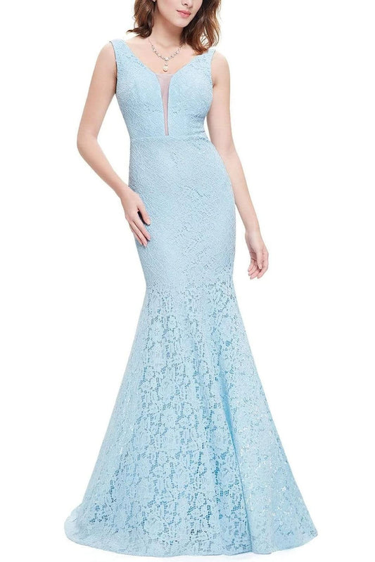 Sexy Fitted Lace Mermaid Blue V Neck Long Prom Dresses Evening Dresses SRS15334