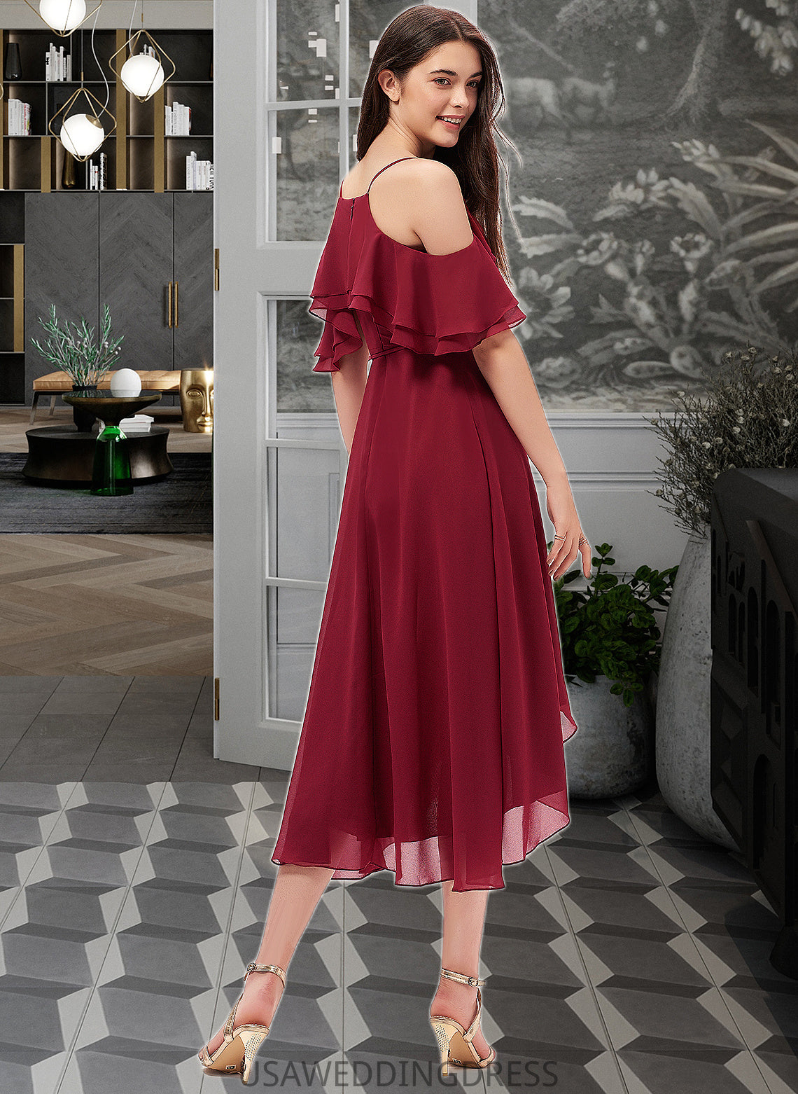 Jessica A-Line V-neck Asymmetrical Chiffon Bridesmaid Dress With Cascading Ruffles DSP0013236