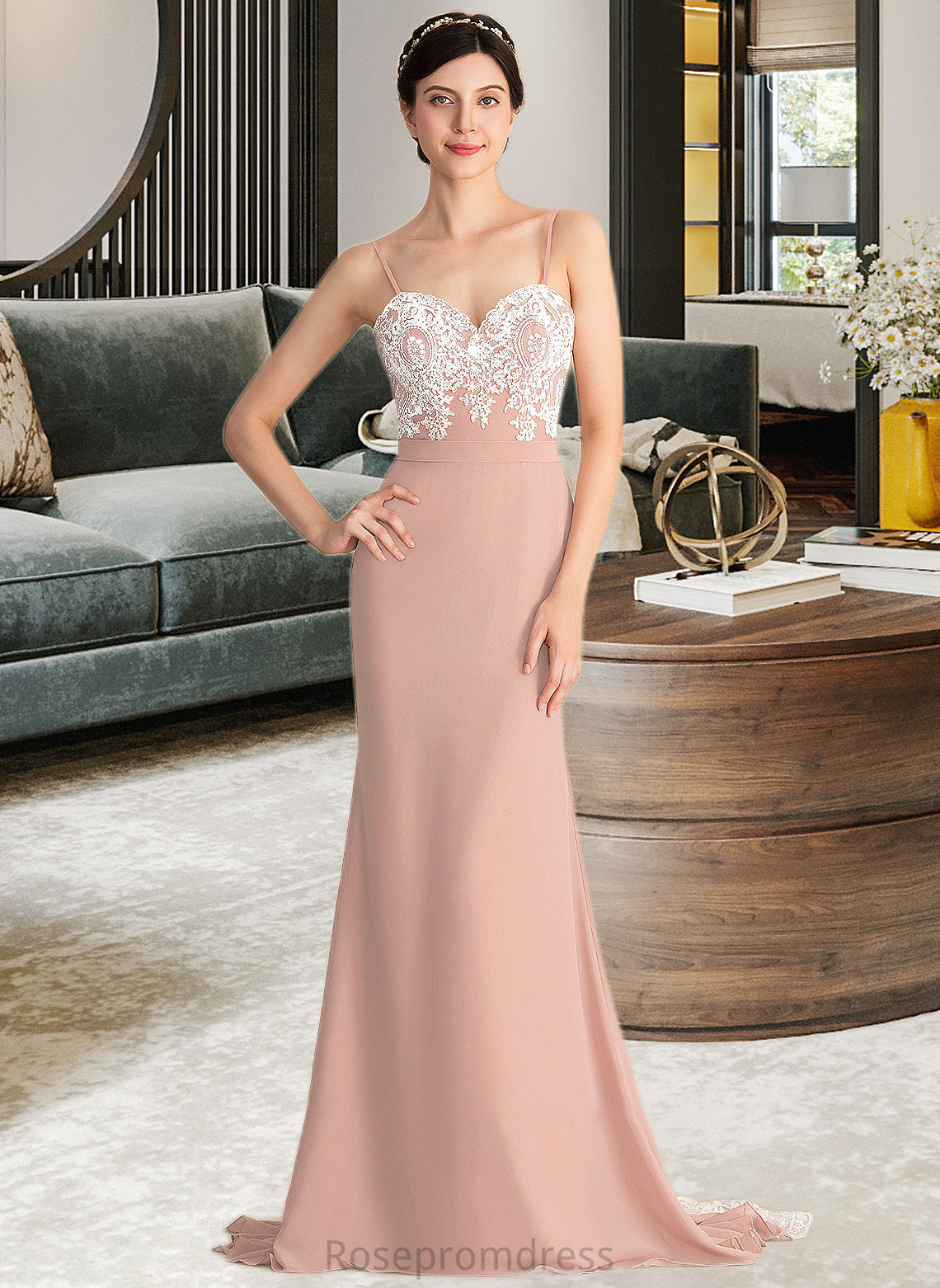 Kaydence Trumpet/Mermaid Sweetheart Sweep Train Chiffon Lace Bridesmaid Dress SRSP0013237