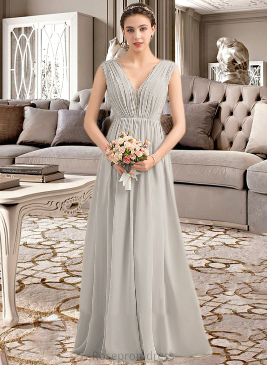 Karissa A-Line V-neck Floor-Length Chiffon Lace Bridesmaid Dress With Ruffle SRSP0013238
