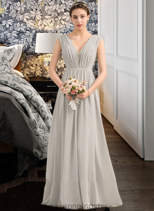 Beryl A-Line V-neck Floor-Length Chiffon Lace Bridesmaid Dress With Ruffle DSP0013238