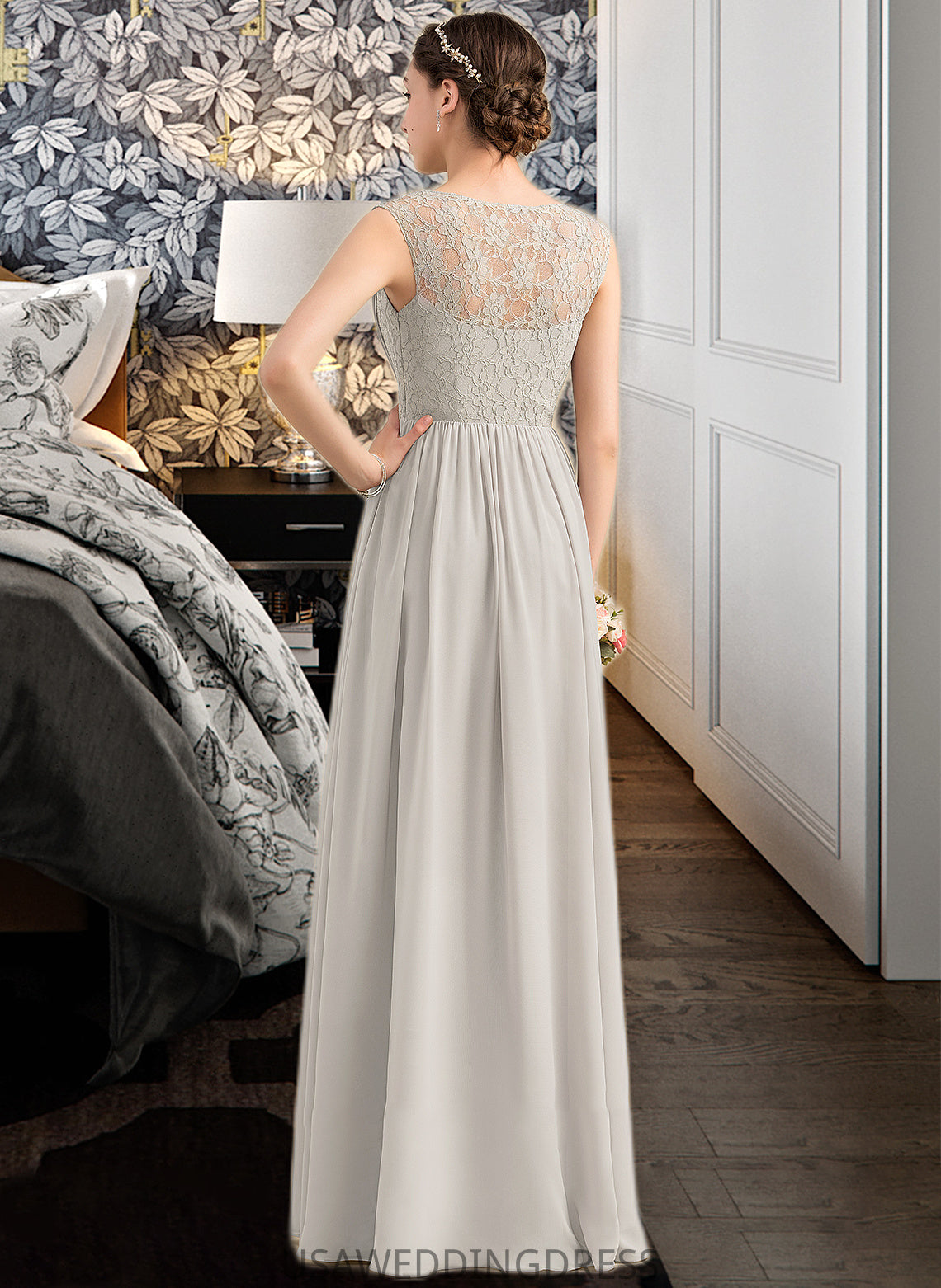 Beryl A-Line V-neck Floor-Length Chiffon Lace Bridesmaid Dress With Ruffle DSP0013238