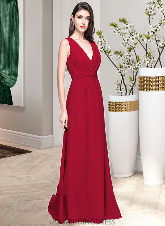 Camila A-line V-Neck Floor-Length Chiffon Bridesmaid Dress With Ruffle DSP0013240