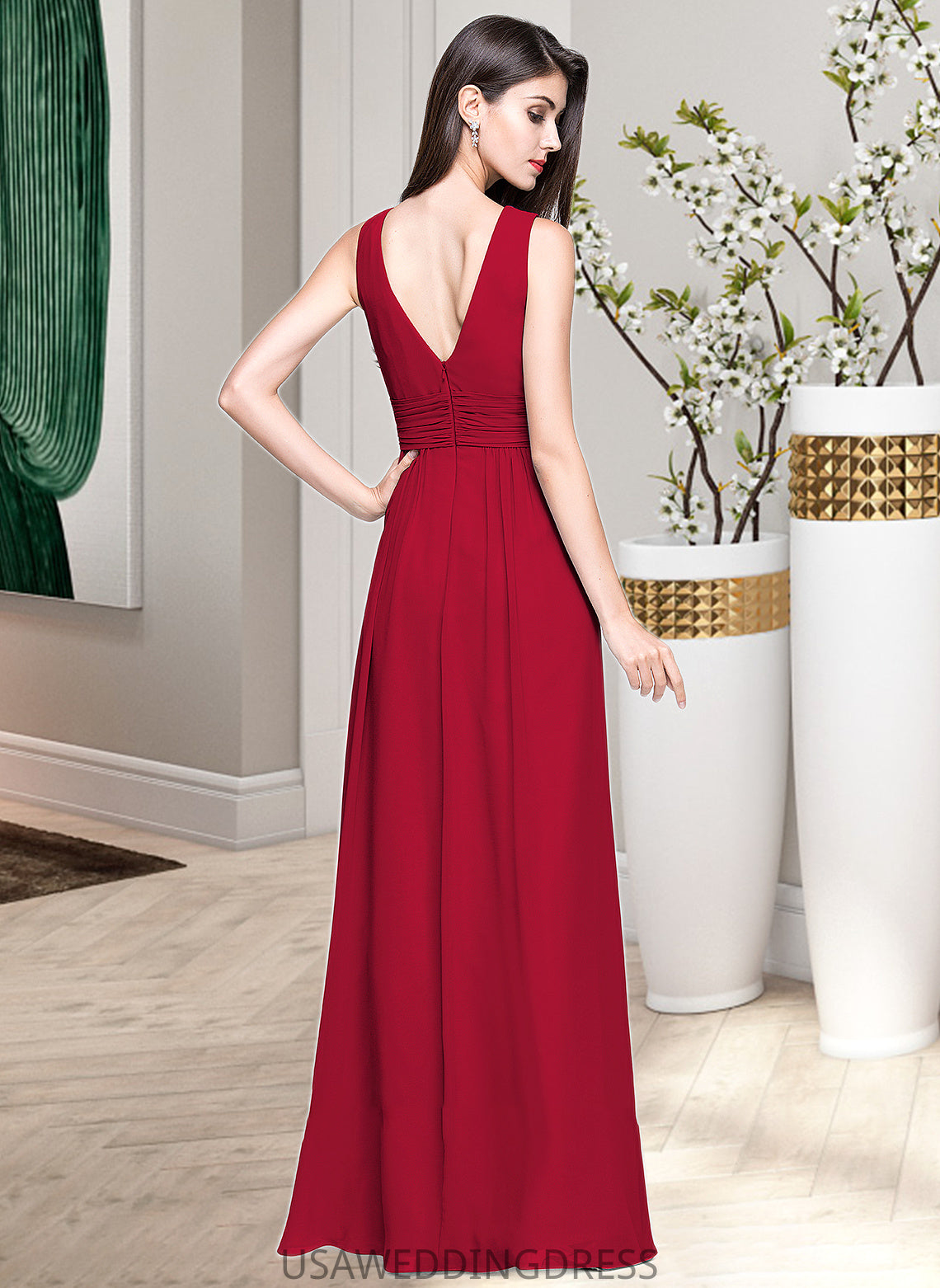 Camila A-line V-Neck Floor-Length Chiffon Bridesmaid Dress With Ruffle DSP0013240