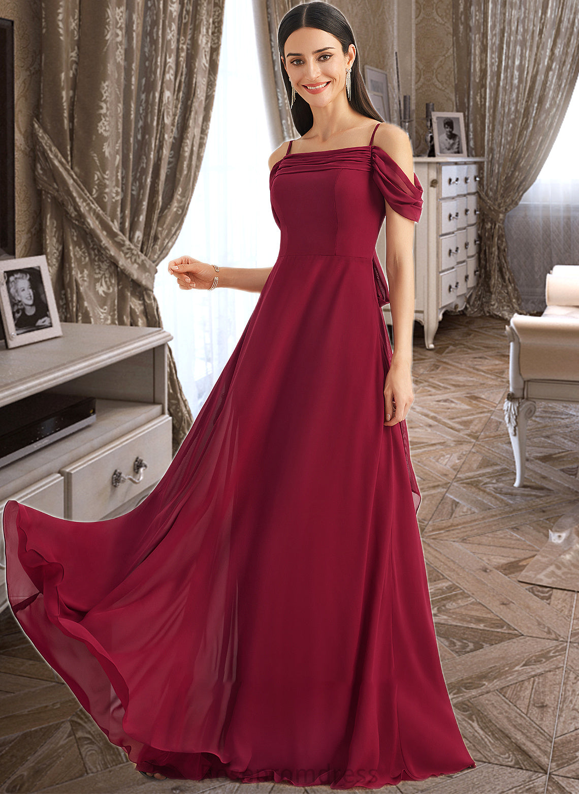 Cecelia A-Line Square Neckline Floor-Length Bridesmaid Dress With Bow(s) SRSP0013242