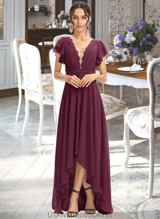 Mya A-Line V-neck Asymmetrical Bridesmaid Dress With Lace Cascading Ruffles DSP0013243