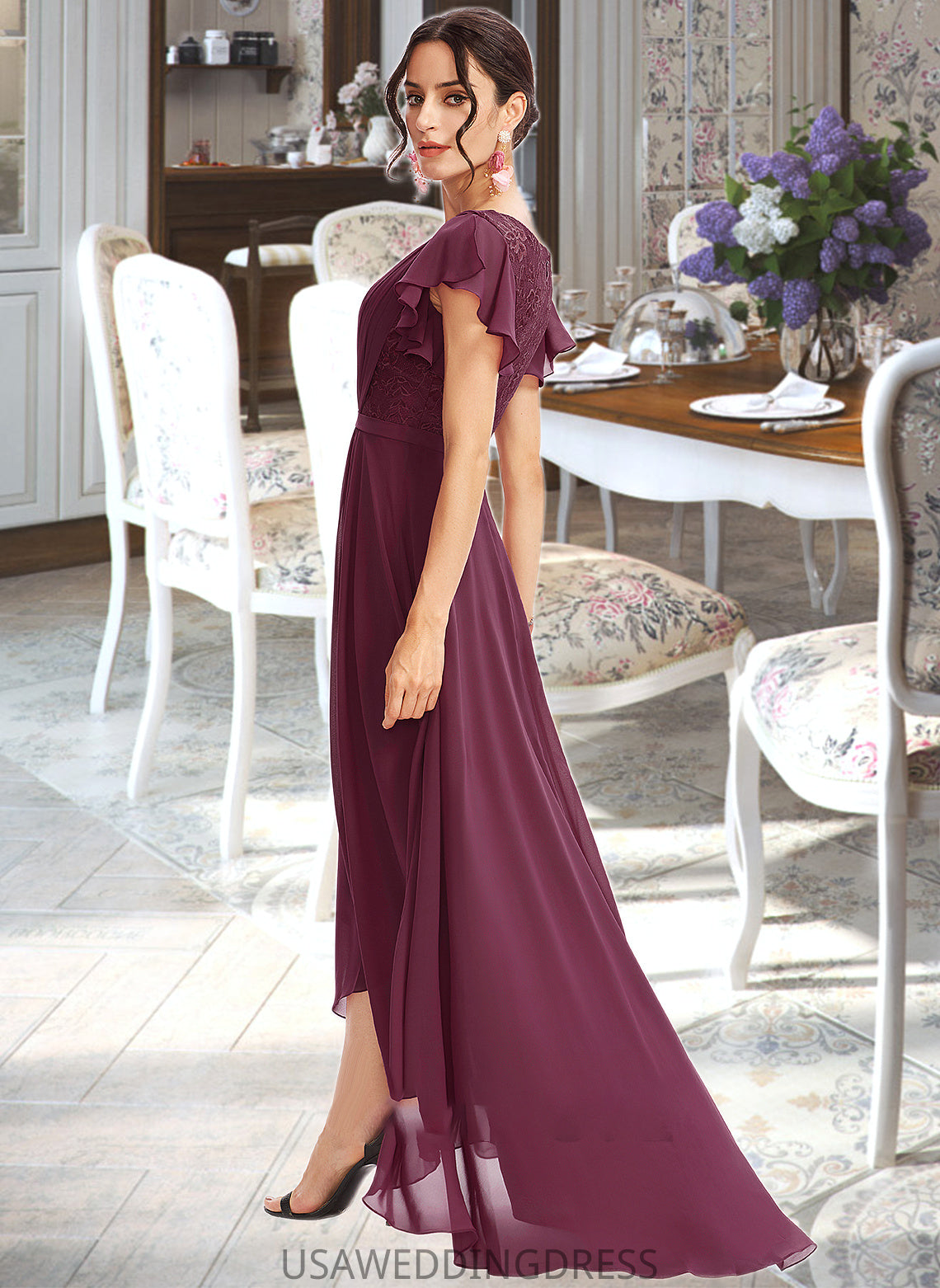 Mya A-Line V-neck Asymmetrical Bridesmaid Dress With Lace Cascading Ruffles DSP0013243