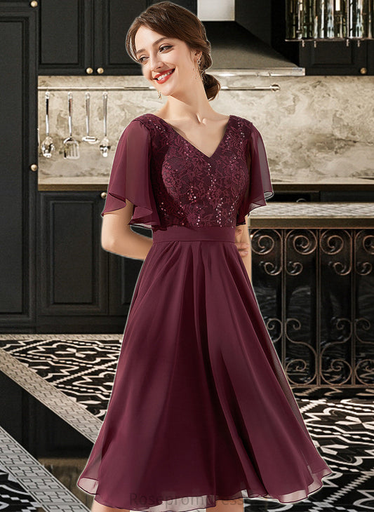 Olive A-Line V-neck Knee-Length Chiffon Lace Bridesmaid Dress With Sequins SRSP0013246