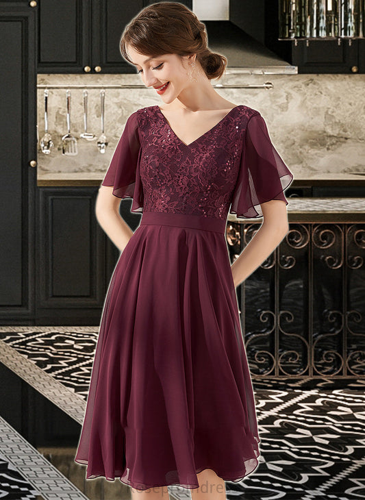 Olive A-Line V-neck Knee-Length Chiffon Lace Bridesmaid Dress With Sequins SRSP0013246