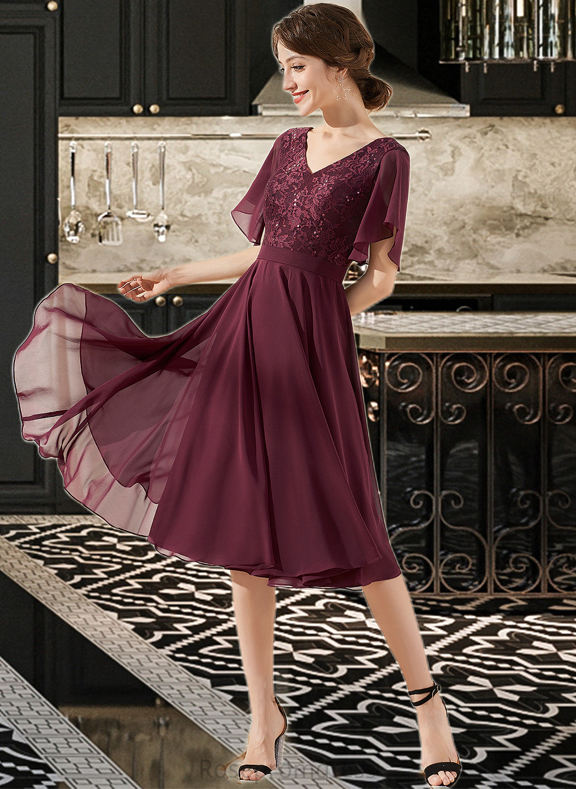Olive A-Line V-neck Knee-Length Chiffon Lace Bridesmaid Dress With Sequins SRSP0013246