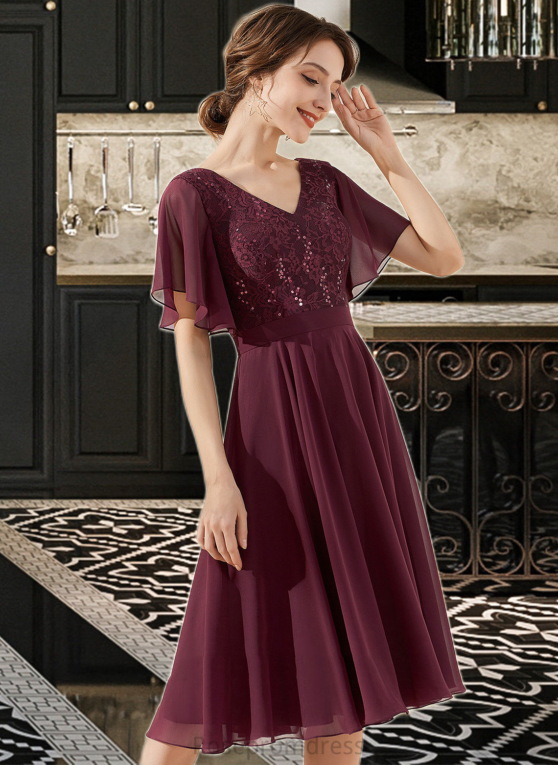 Olive A-Line V-neck Knee-Length Chiffon Lace Bridesmaid Dress With Sequins SRSP0013246