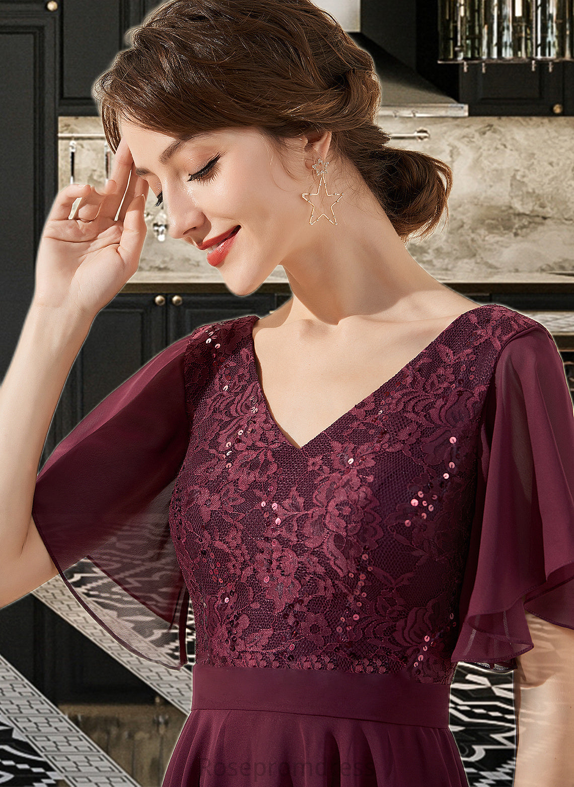 Olive A-Line V-neck Knee-Length Chiffon Lace Bridesmaid Dress With Sequins SRSP0013246