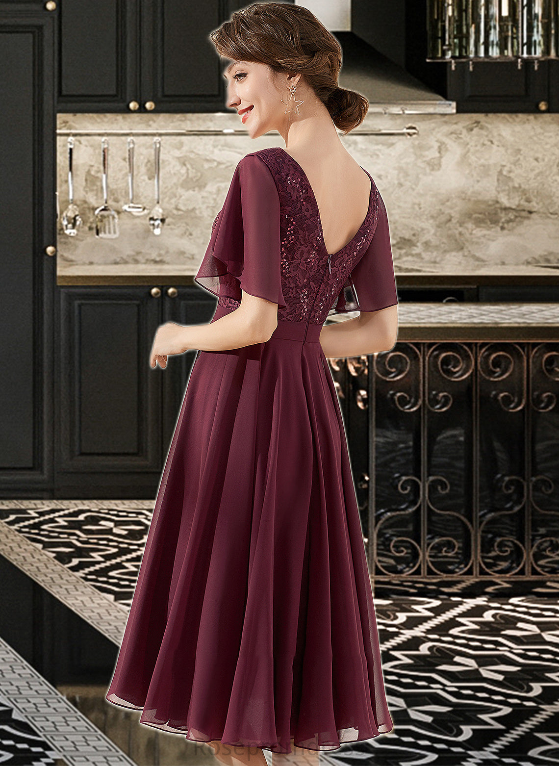 Olive A-Line V-neck Knee-Length Chiffon Lace Bridesmaid Dress With Sequins SRSP0013246