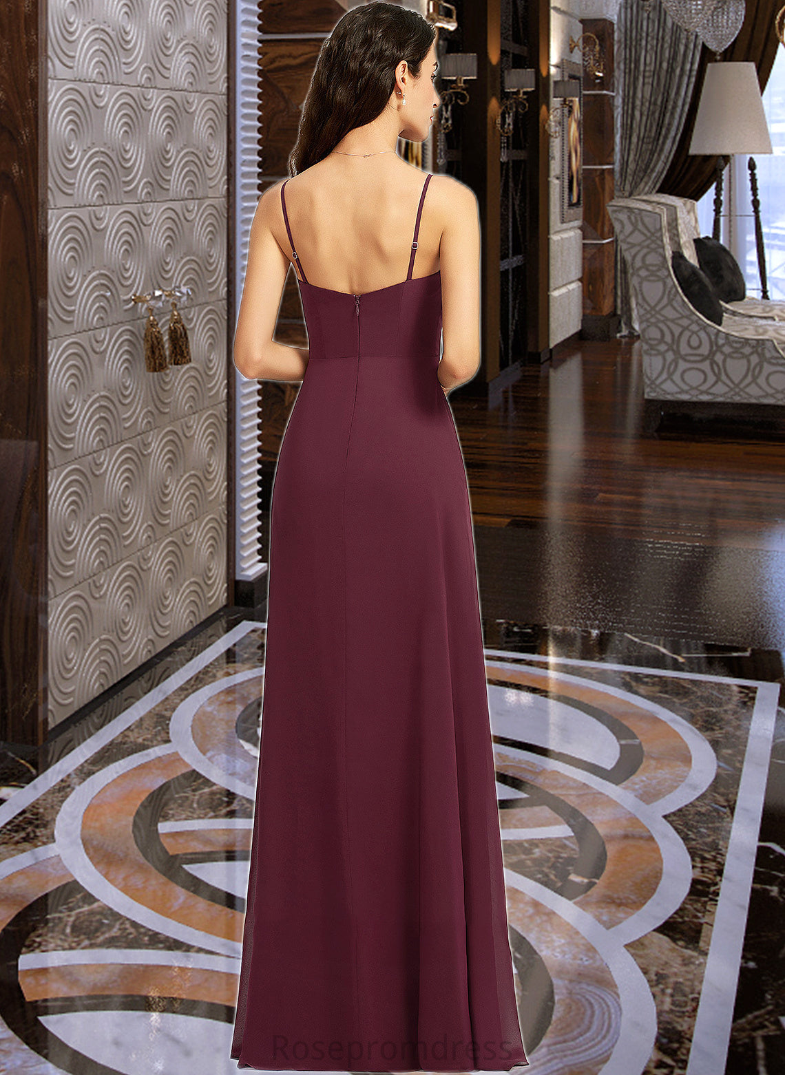 Ali Sheath/Column V-neck Floor-Length Bridesmaid Dress With Ruffle Split Front SRSP0013247